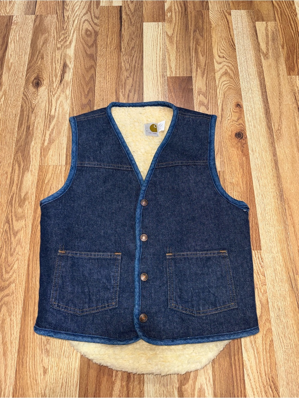 Carhartt 1990s Vintage Sherpa-Lined Blue Denim Vest Workwear Men's S
